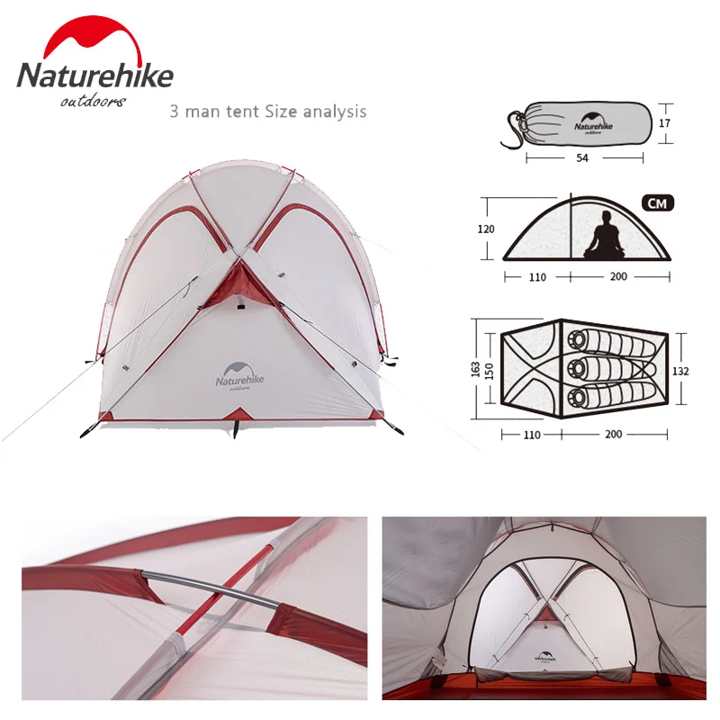 Naturehike Hiby семейный тент 20D силиконовая ткань водонепроницаемый Двухслойный 3 человека 4 сезона палатка одна комната один зал