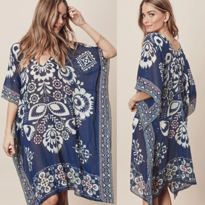 

2019 Chiffon Beach Wear Women Print Swimsuit Cover Up Swimwear bathing suit cover ups Summer Mini Dress Loose Pareo beach tunic