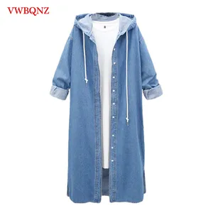 Весенние новые женские джинсовые длинные пальто 2020 корейские свободные джинсы с капюшоном Пальто повседневные джинсовые женские ветровки больших размеров 4XL