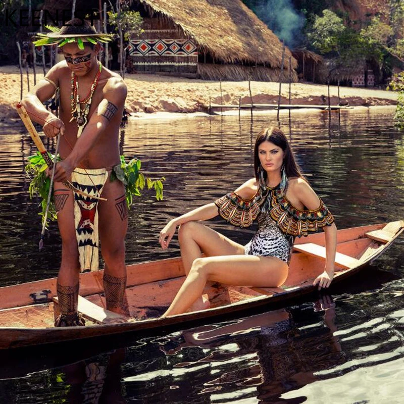 

KEENEST Vintage Tribe Print One Piece Swimsuit Push Up Swimwear Women Ruffle Swim Suit