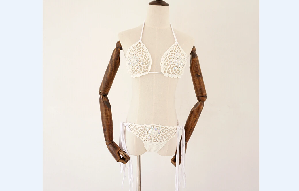 Белый Sexy Women Crystal Bikini Set Bandage Crochet Knitted Swimwear Swimsuit Bathing - Цвет: Белый