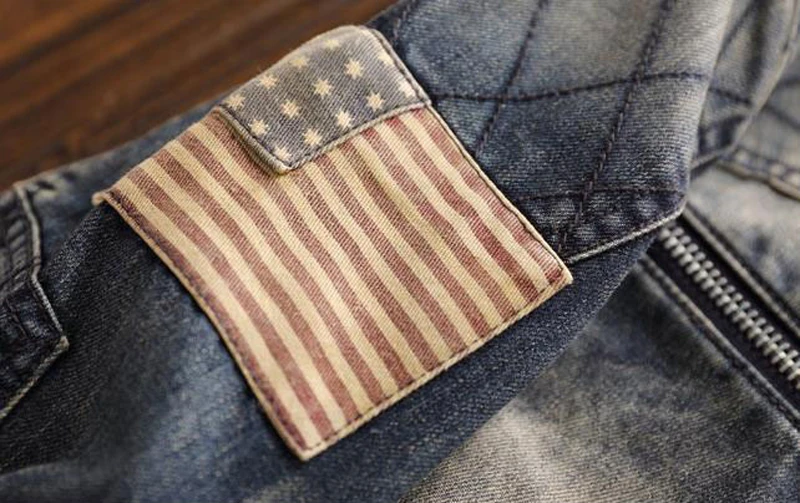 Ретро мода Slim Fit Мужские джинсы Автомобильная куртка пальто американский флаг лоскутное мужской костюм джинсовое пальто Верхняя одежда A192