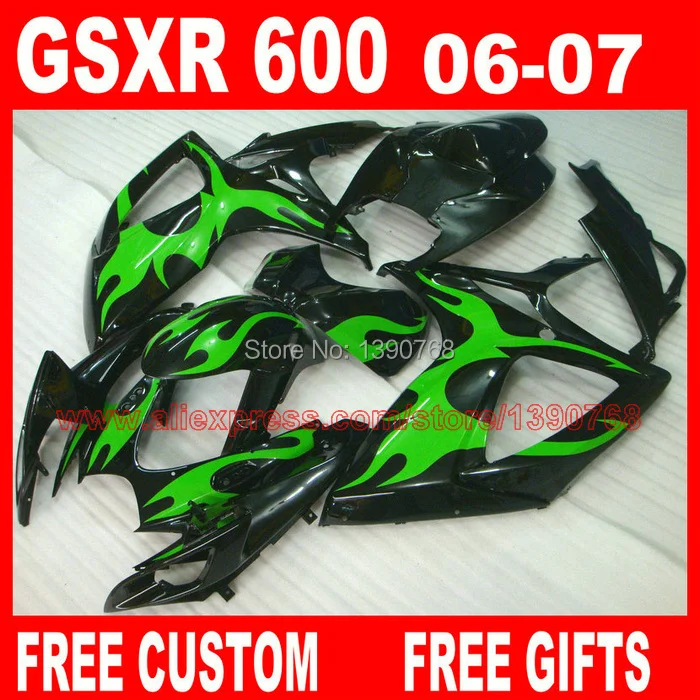 Комплект обтекателей для SUZUKI GSXR 600 750 2006 2007 зеленое пламя в черном пластиковом