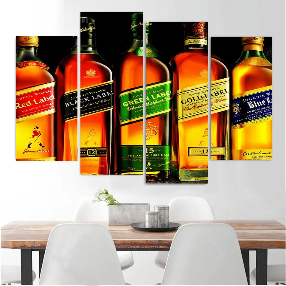 4 панели Холст Картина Johnnie Walker на холсте виски домашний Декор печать плакат