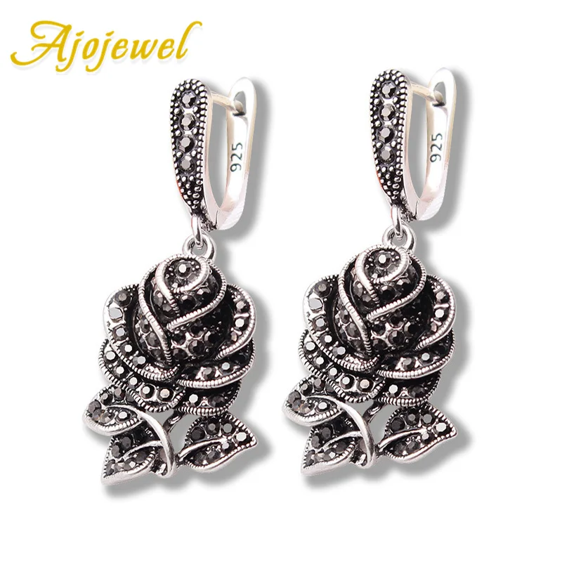 

Vintage Rose Flower Earrings For Women Black Crystal Drop Earrings Jewelry