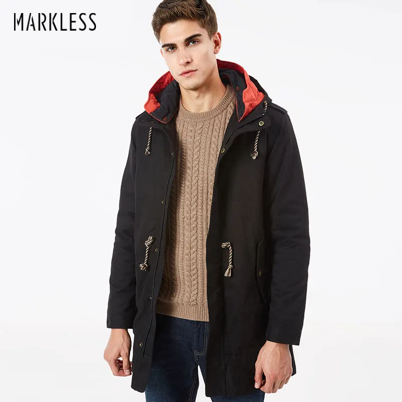 Мужское длинное пальто с капюшоном Markless зимнее хлопковое пальто-ветровка со