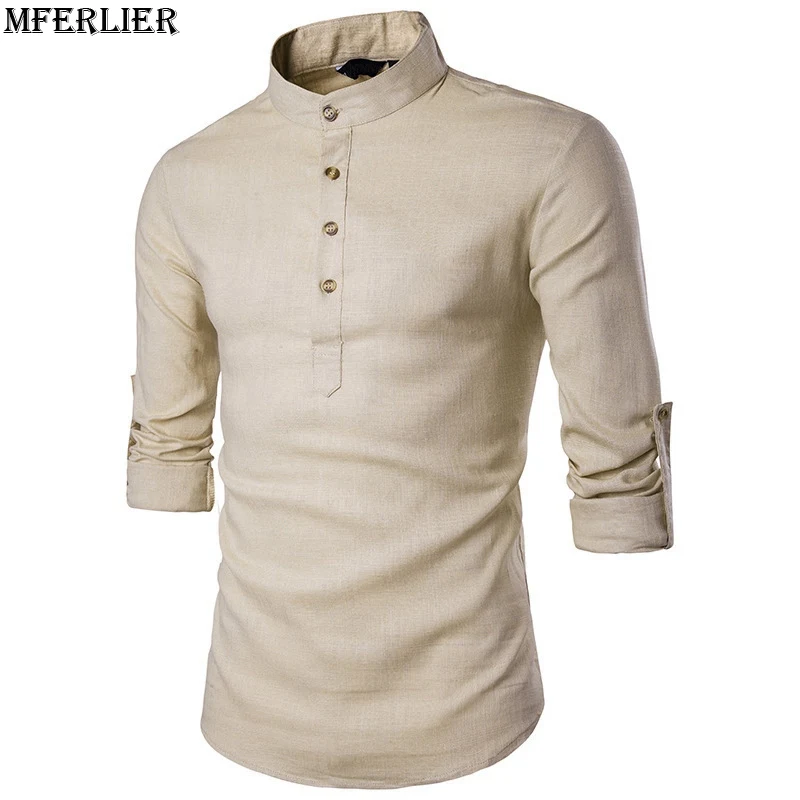MFERLIER autumn summer Men`s Linen Cotton Shirts Mandarin Collar Breathable Traditional Chinese Style simple shirt dark blue red | Мужская