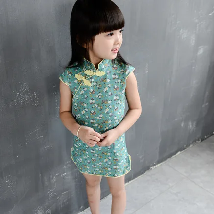 2-8T Cotton Girl Dress Trendy Kids Baby Girls Green short Sleeve Chinese Cheongsam Spring Autumn Clothes Hot 2015 | Детская одежда и