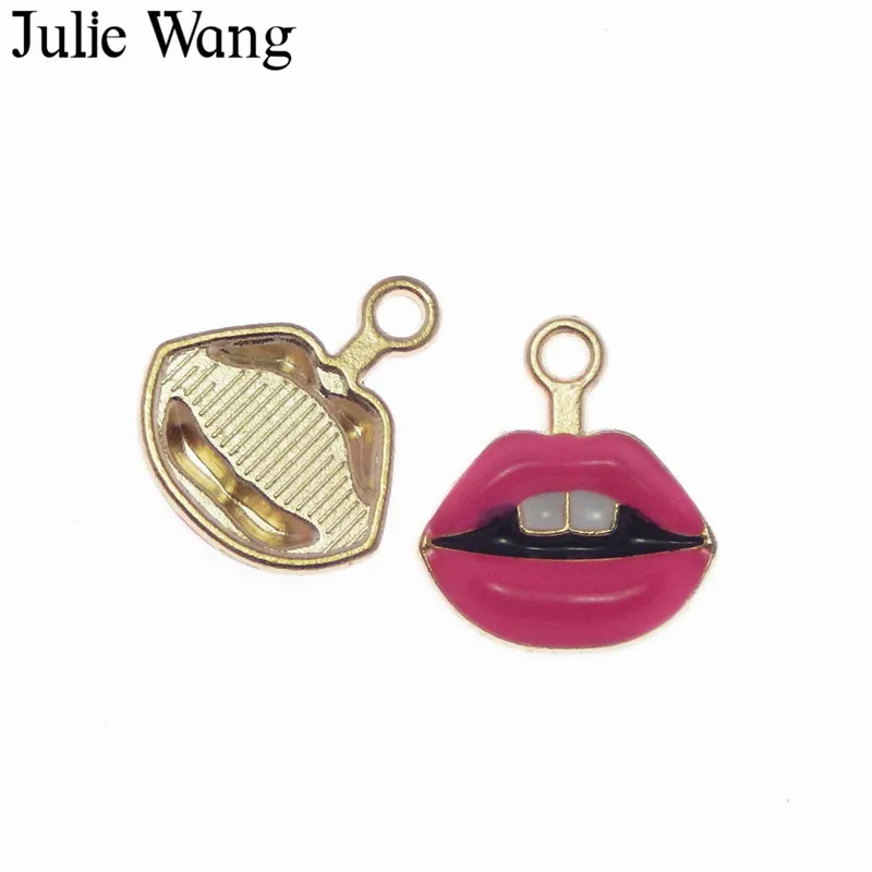 Julie Wang 6 шт. сплав Золотая основа розово красная/Красная эмаль губы Подвески зубы