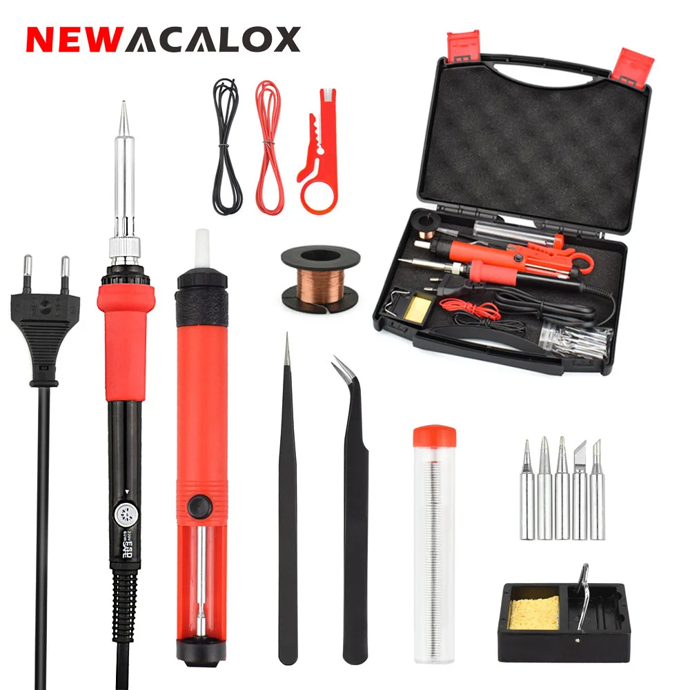 T02R-BOX Набор паяльников NEWACALOX с регулировкой температуры EU/US 60 Вт, набор сварочных инструментов с мультиметром, клеевой пистолет, набор инструментов для ремонта - Цвет: T02R-BOX