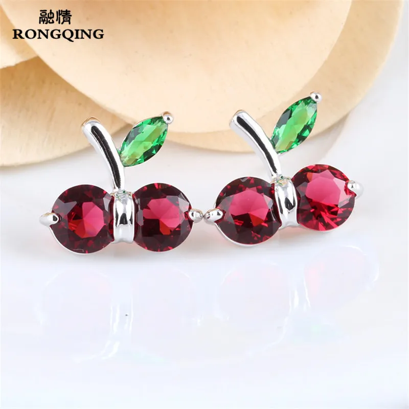 

RONGQING 10Pairs/lot High Quality Red Cherry Earrings Women Zircon Jewelry Gift for Sisters Gifts Nickel Free