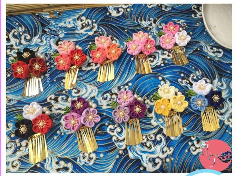 

New In stock Japanese Kimono Flower Headwear Girl Wedding Headdress Summer Yukata Sakura Flowers Tassels Headpin