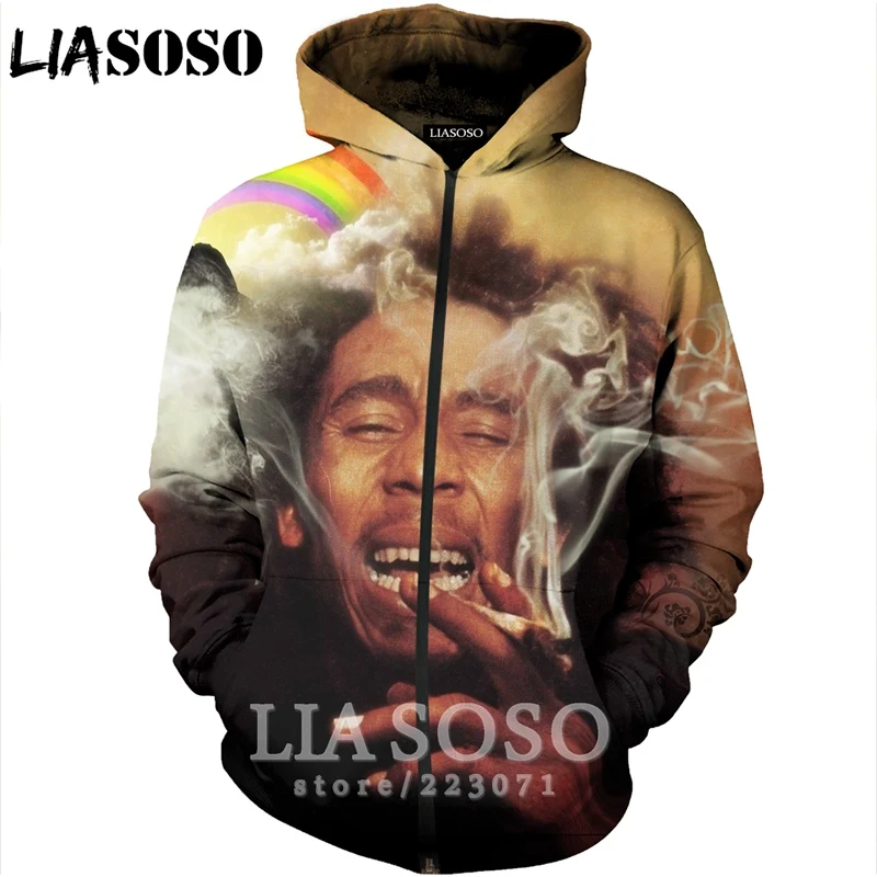 LIASOSO 2019 New Fashion Men Women 3D Print Singer Bob Marley Zipper Hoodie Unisex Casual Long Sleeve Coat Sweatshirt A188-04 | Мужская