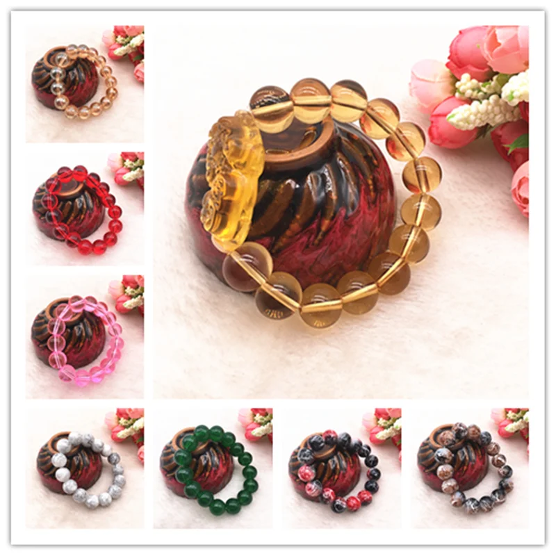 

Fashion Women's 12mm Double Color Decorative pattern Glass Beads Elastic Bracelet DIY Jewelry