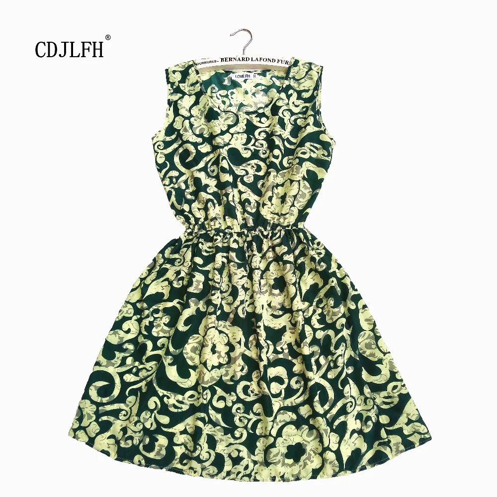 Женское платье без рукавов с круглым вырезом и цветочным принтом|neck dress|dress casualdress