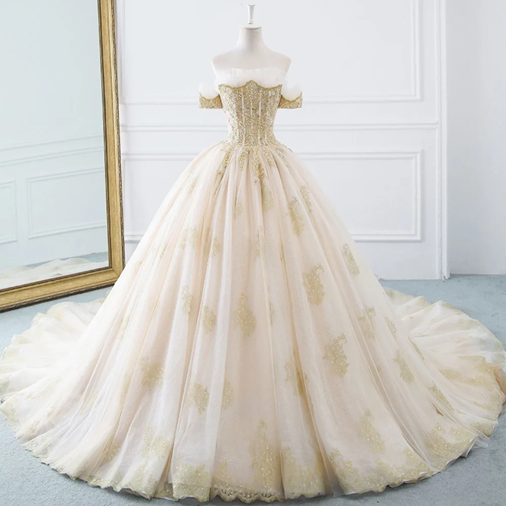 Robe De Mariee Princesse Luxe Off The Shoulder Short Sleeve Beaded Sequins Appliques Luxury Princess Ball Gown Wedding Dress | Свадьбы и
