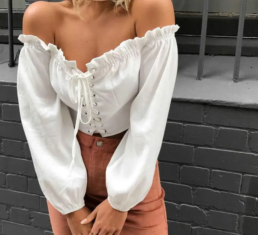 Женская блузка с открытыми плечами длинным рукавом и воротником лодочкой|blouse