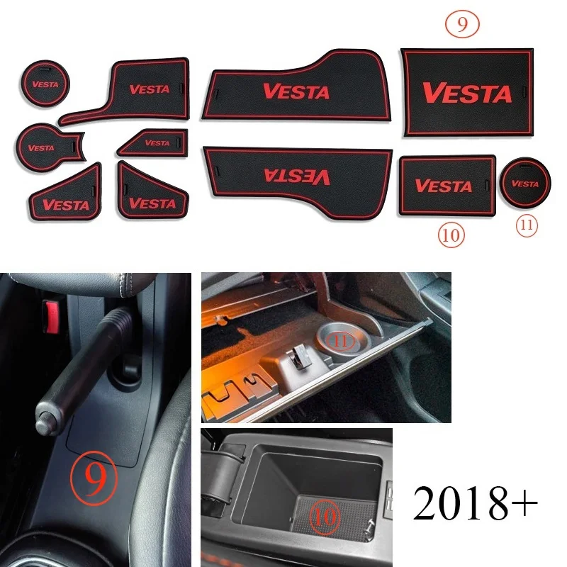 11pcs red 2018-up 8, 11 и 16 частей в комплекте противоскользящие коврики для ниш салона в двери подстаканники подлокотник дверцу перчаточного ящика багажник Лада Веста седан универсал св кросс Lada Vesta Sport Sedan SW Cross - Название цвета: 11pcs red 2018-up