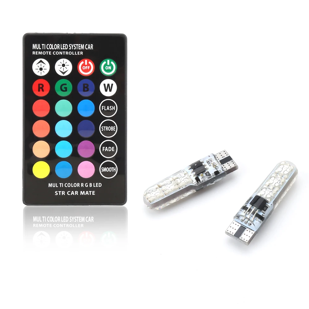 t10 2 шт./1 компл. 12 В светодиодный T10 W5W 5050 SMD 1.2 Вт Авто RGB светодиодный купола клин Чтение свет Strobe лампа с Дистанционное управление