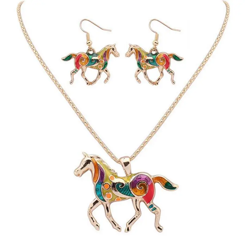 Fashion Jewelry Sets Alloy metal Enamel Rainbow Horse Necklace Earrings Choker Collar for Women Girl Gift JS1 | Украшения и