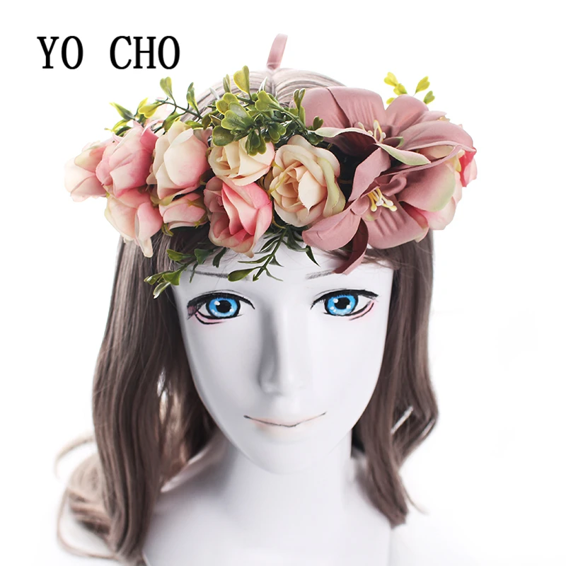 

YO CHO Wedding decoration Girl Headbands Hair Accessories Women Floral Garland Headwear Prom Greenery Peony Rose Bridal Wreath