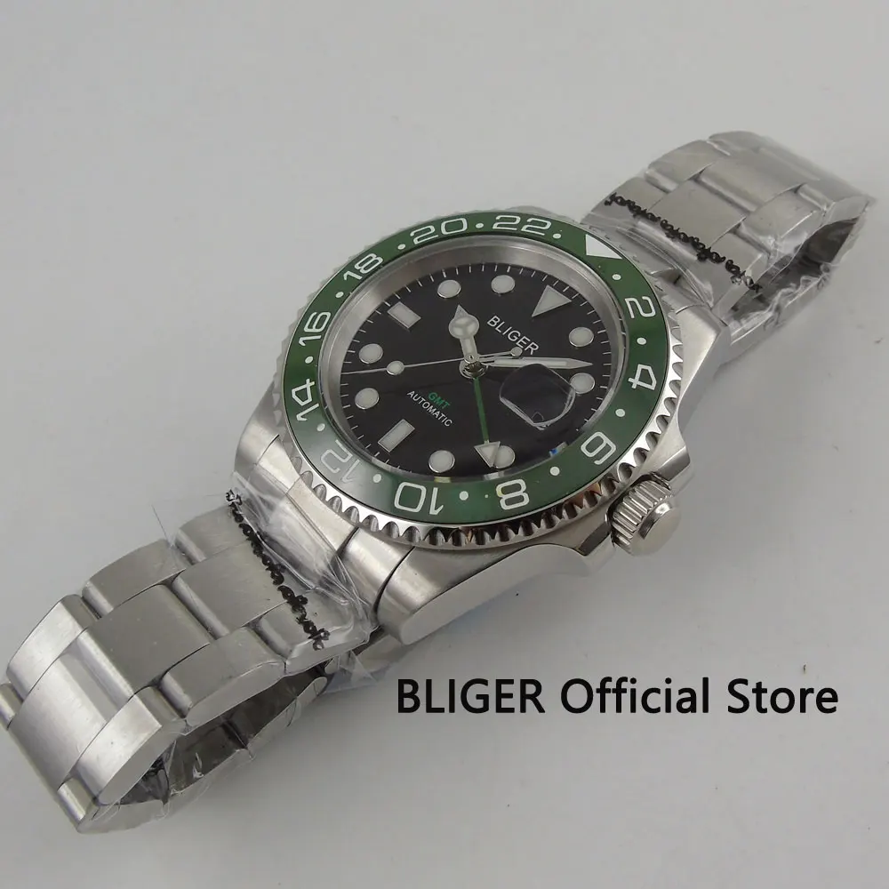 Одноцветное BLIGER 40 мм черный циферблат зеленый Керамика ободок GMT Функция