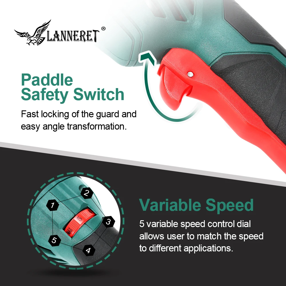 LANNERET Electric Angle Grinder 1050W 125mm Variable Speed 3000-10500RPM Toolless Guard for Cutting Grinding Metal or Stone Work