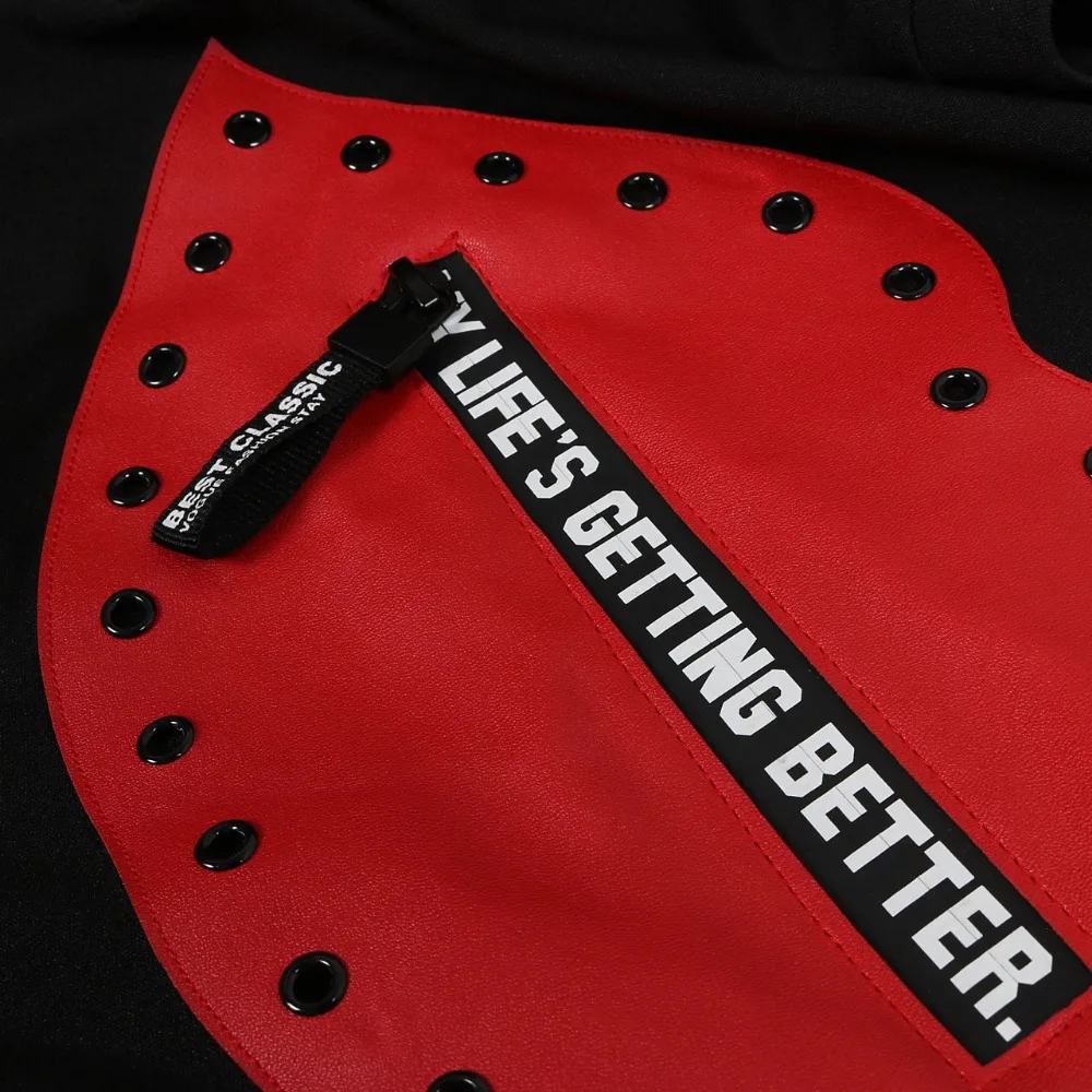 Черный рябить комбинезон Для женщин ПУ рукава губы письмо с круглым вырезом без