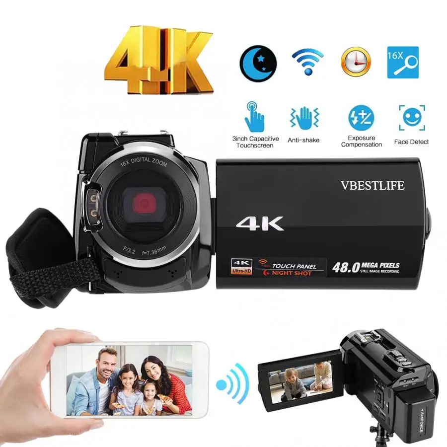 VBESTLIFE 4K Wifi цифровая камера ночного видения Видеокамера 16X Zoom 48MP " с аккумулятором профессиональная камера