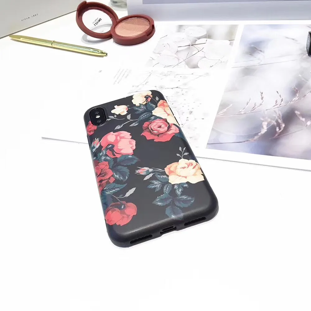 Retro Classical Red Rose Flower Phone Case for iphone6 6s 7 8 plus soft IMD Cover iphoneX |