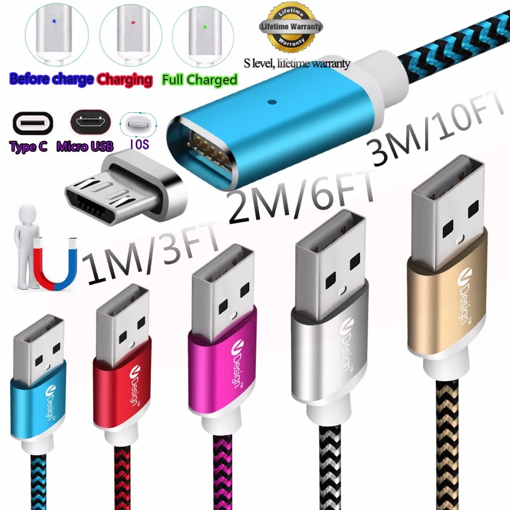 1 м 2 3 Магнитный Плетеный Micro USB Type C кабель для зарядки и передачи данных iPhone 5s SE 6 6S 7