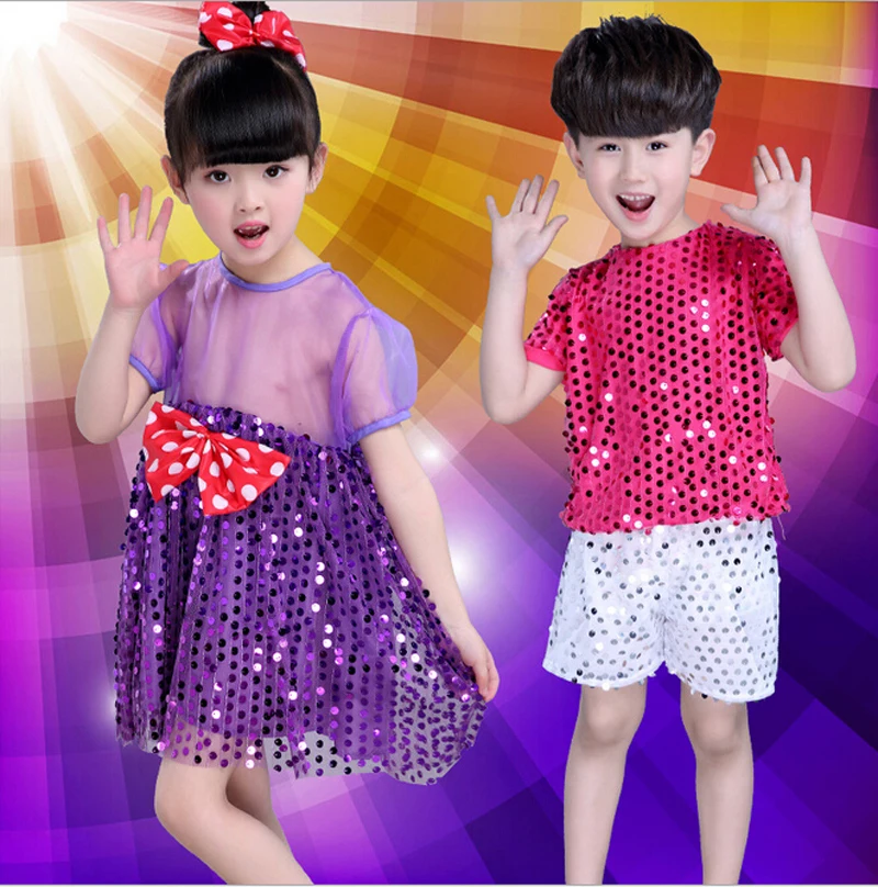 Free shipping purple Children girl transparent clear gauze latin JAZZ sequins dance dress skirt pink T shirt and pants costume |