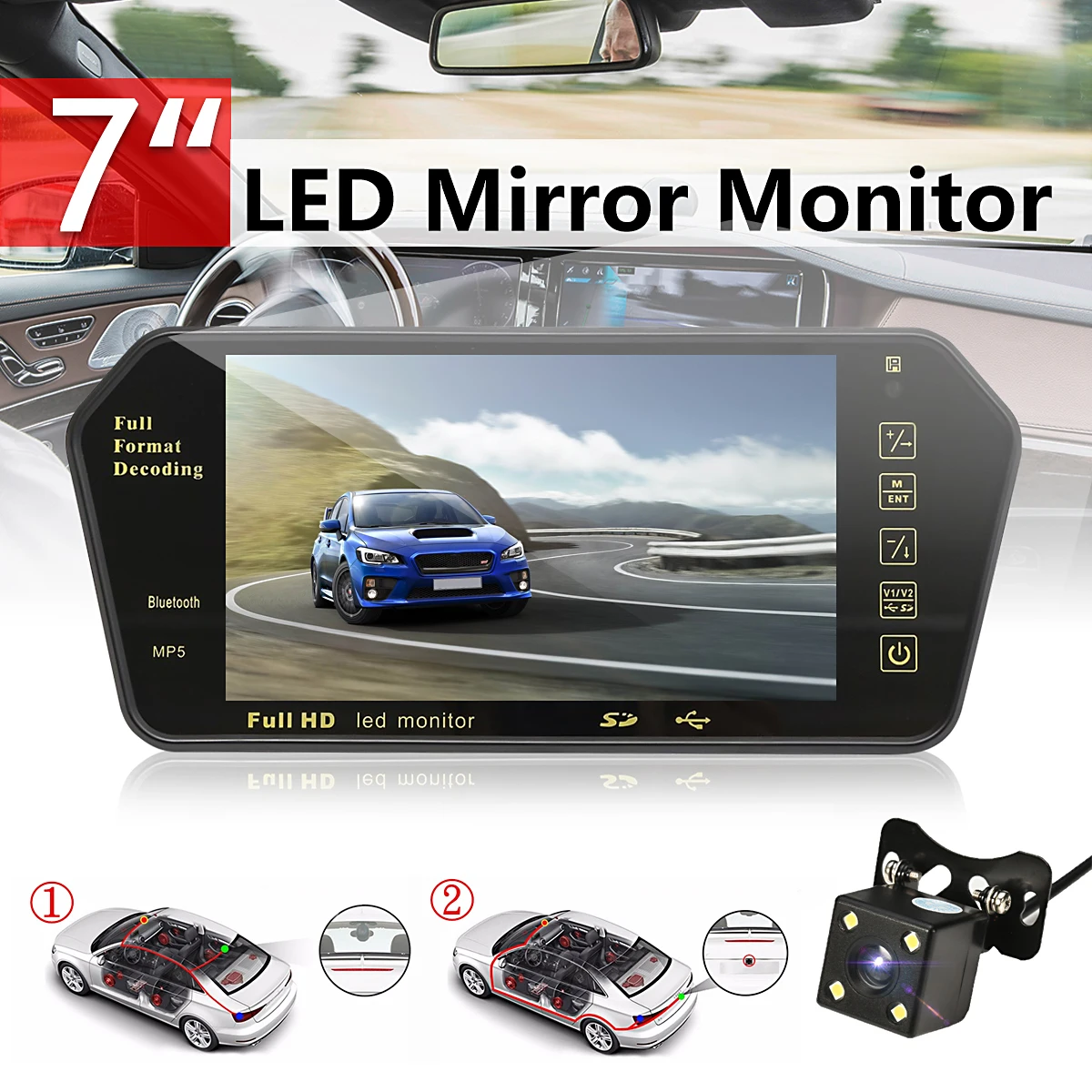 

bluetooth Viedo MP5 Player 7 Inch TFT LCD Color Mirror Monitor Car Rear View Auto Parking Assistance + Backup Reversing Camera
