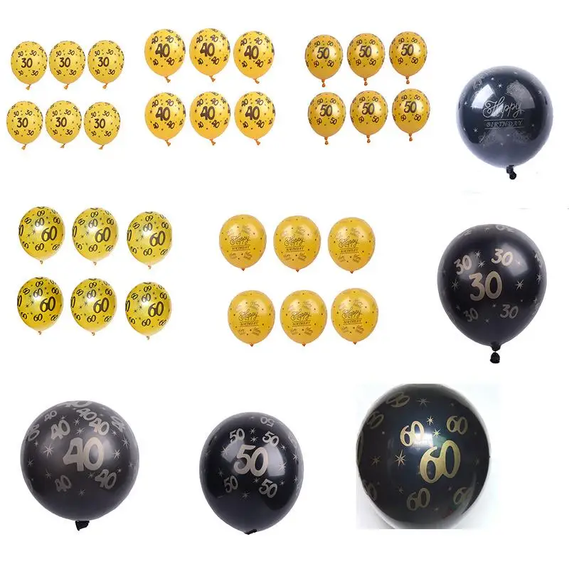 10 PCS/ Pack Golden And Black Balloon Print 30 40 50 60 Digital Latex Ball Birthday Party Decorated Wedding Anniversary Scene | Дом и сад