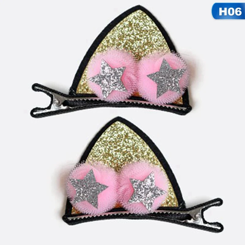 2pcs/Set Children Girls Cute Hair Clips Lovely Fashion Cat Ears Bunny Kids Accessories Pompom Glitter Flowers Hairpins | Мать и ребенок