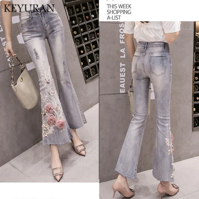 Boyfriend Women Appliques Embroidery Jeans Female High Waist Denim Flare Pants Slim Elastic Heavy Industry Trousers Korean style |