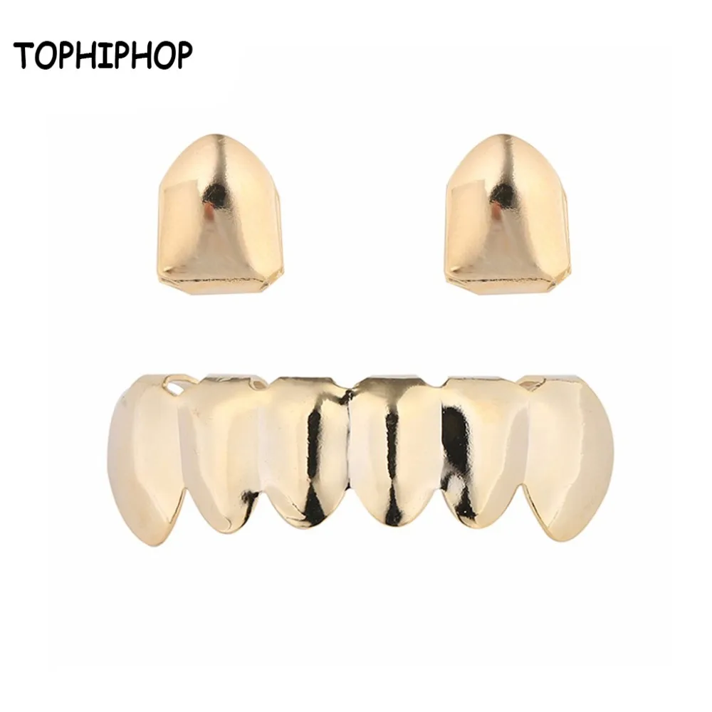 

TOPHIPHOP's New Hiphop Gold-Plated 2 Single Top Grillz Set With 6 Bottom Teeth Grillz Suitable For Neutral Grills