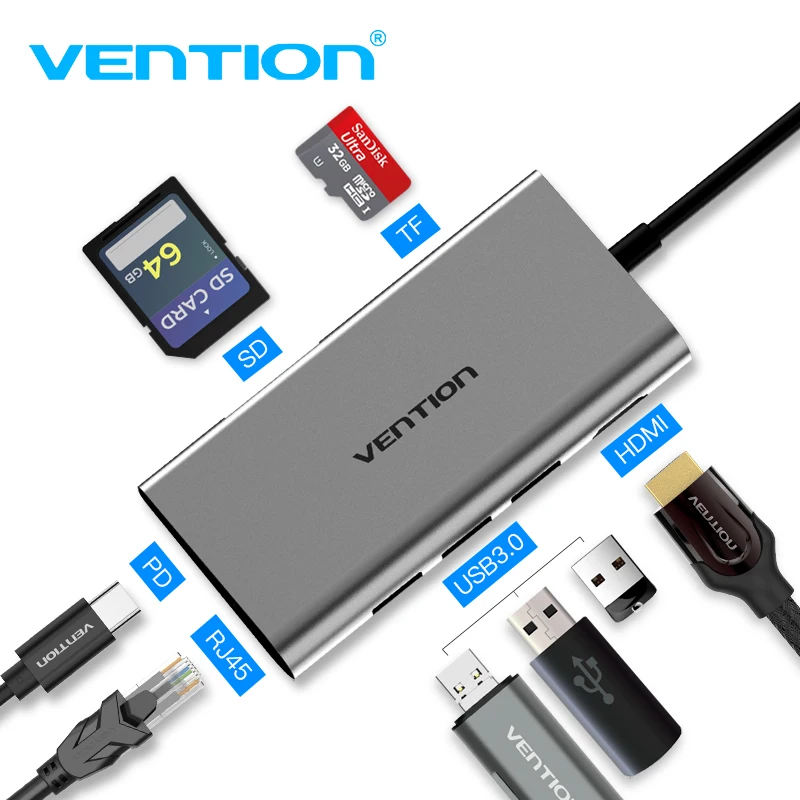 Vention USB C адаптер Тип до HDMI SD карты памяти RJ45 с Мощность PD для Macbook samsung S8/S8 +