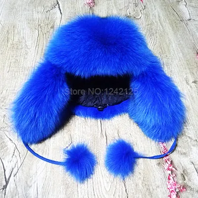 Jewelry blue Новая зимняя меховая шапка для женщин и детей, шапка из натурального Лисьего меха для мальчиков и девочек, шапка для родителей и детей, теплая меховая шапка с помпоном и ушками из меха лисы, шапка - Цвет: Jewelry blue