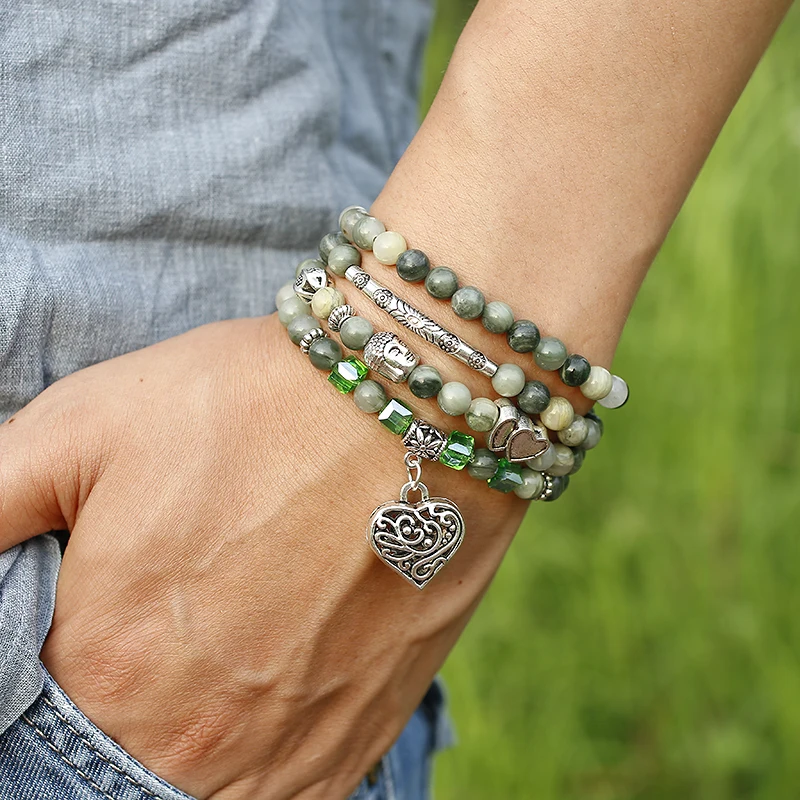 Natural Green Grass lace Agates Bracelet 108 Mala Bracelet Buddha Wing Pendant Chakra 6MM Beaded Necklace Yoga Prayer Bracelets
