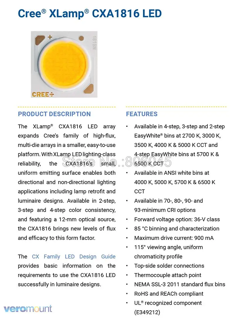 2 шт. Cree CXA1816 CXA 1816 38 Вт Керамический COB светодиодный светильник EasyWhite 4000 K-5000 K теплый белый 2700 K-3000 K с/без держателя
