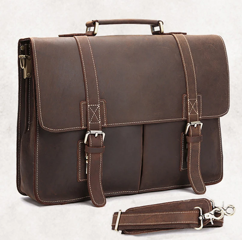 Vintage Crazy horse Genuine Leather men Briefcase Business bag Men Leather briefcase laptop Bag male Tote Handbag Shoulder bag