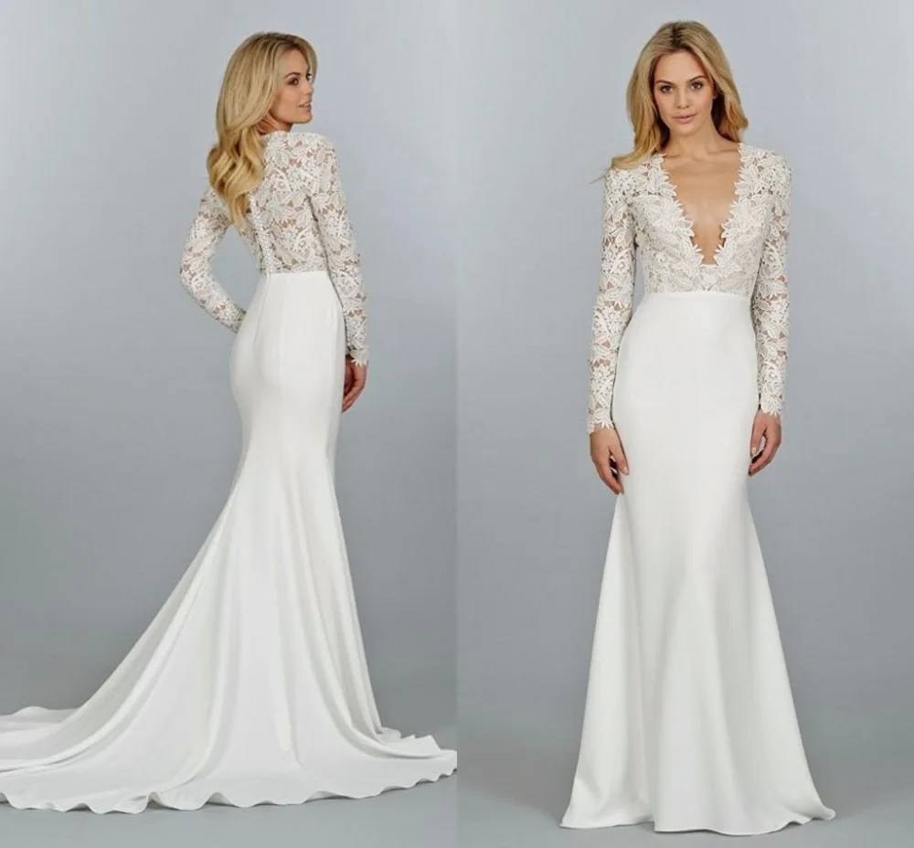 Сексуальная Длинным Рукавом Кружева V Шеи Свадебное Платье Платье|dress strapless|gown party