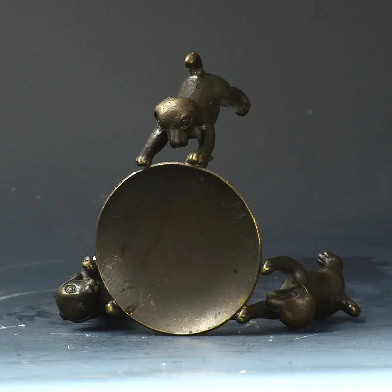 Collectible Decorated Old Handwork Bronze Carved 3 Dogs Climb Plate Candle Stick | Дом и сад