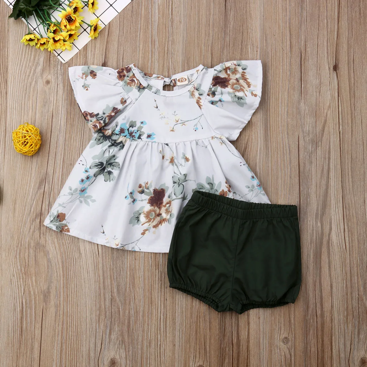 Summer 2PCS Newborn Baby Girl Floral Printed Fly Sleeve Tops Skirt+Solid Color Shorts Clothes Outfits Sunsuit