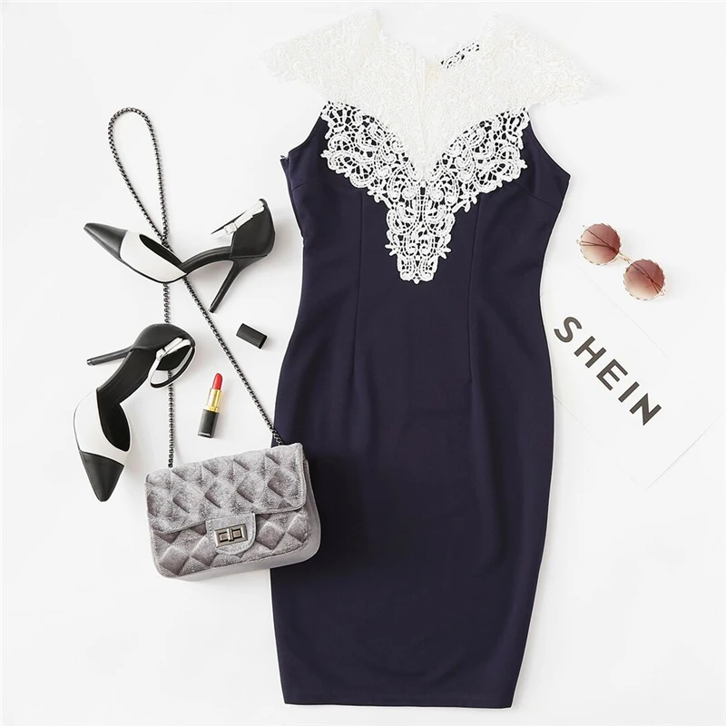 SHEIN Модное Платье С Кружевной Вставкой Женское Летнее Элегантное Платье-Карандаш Без Рукавов И V-Образным Вырезом