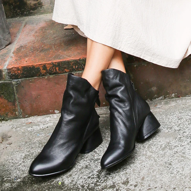 

New Arrival Leather Short Boots Shoes Woman 2019 Real Leather Ladies Black Ankle Heel Boots Pointed Toe Super Soft Women Shoes