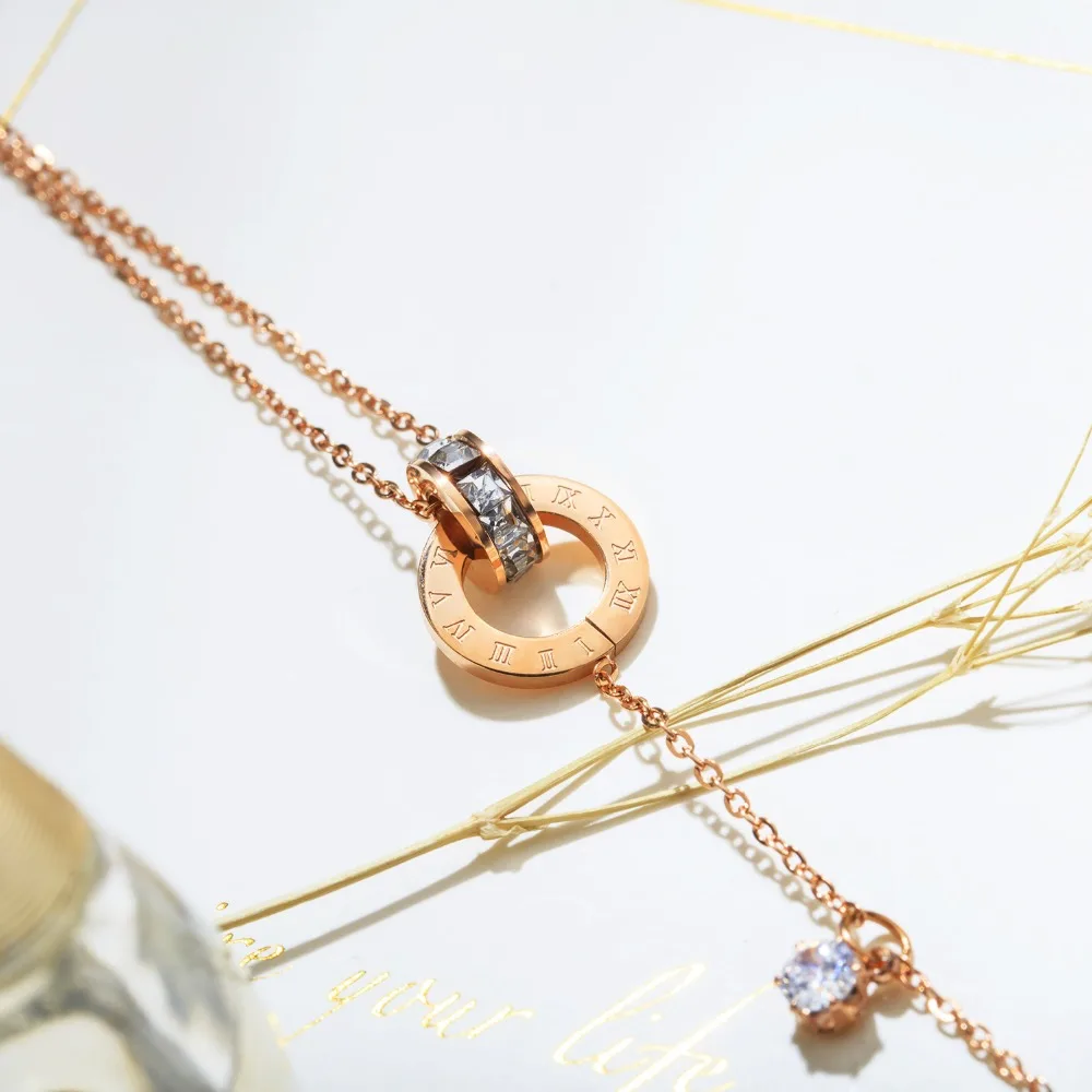 

Roman numeral hollow double woman bracelet Titanium steel plated rose gold Mosaic ladies Charm bracelet