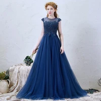 a line elegant cap sleeve formal evening gowns vestido de festa longo robe de soiree lace royal blue long prom dresses