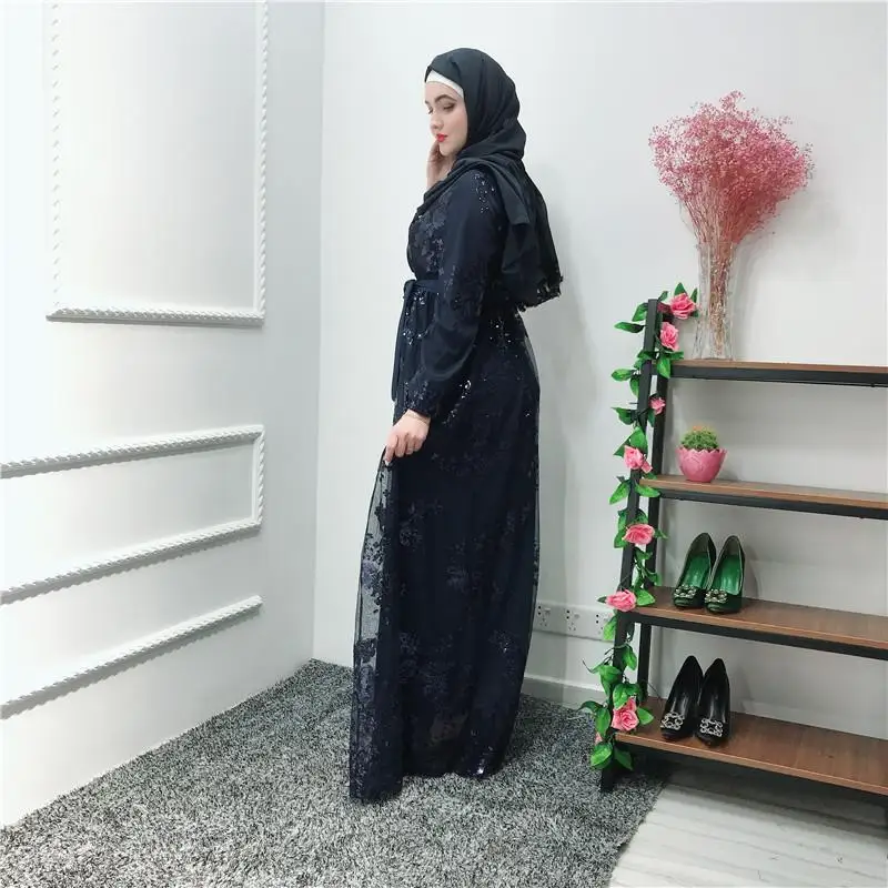 Рамадан блесток кружева абайя Дубай, Турция исламский, мусульманский платье хиджаб восточный женский халат для женщин Jilbab Caftan одежда Катара платье без рукавов